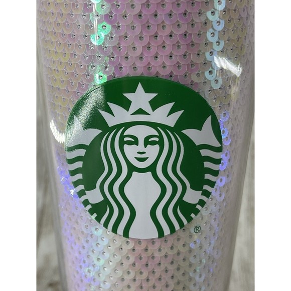 NEW!! Starbucks Cup Holiday 2020 Pink White Sequin Plastic Cold Tumbler 24oz - Picture 2 of 9